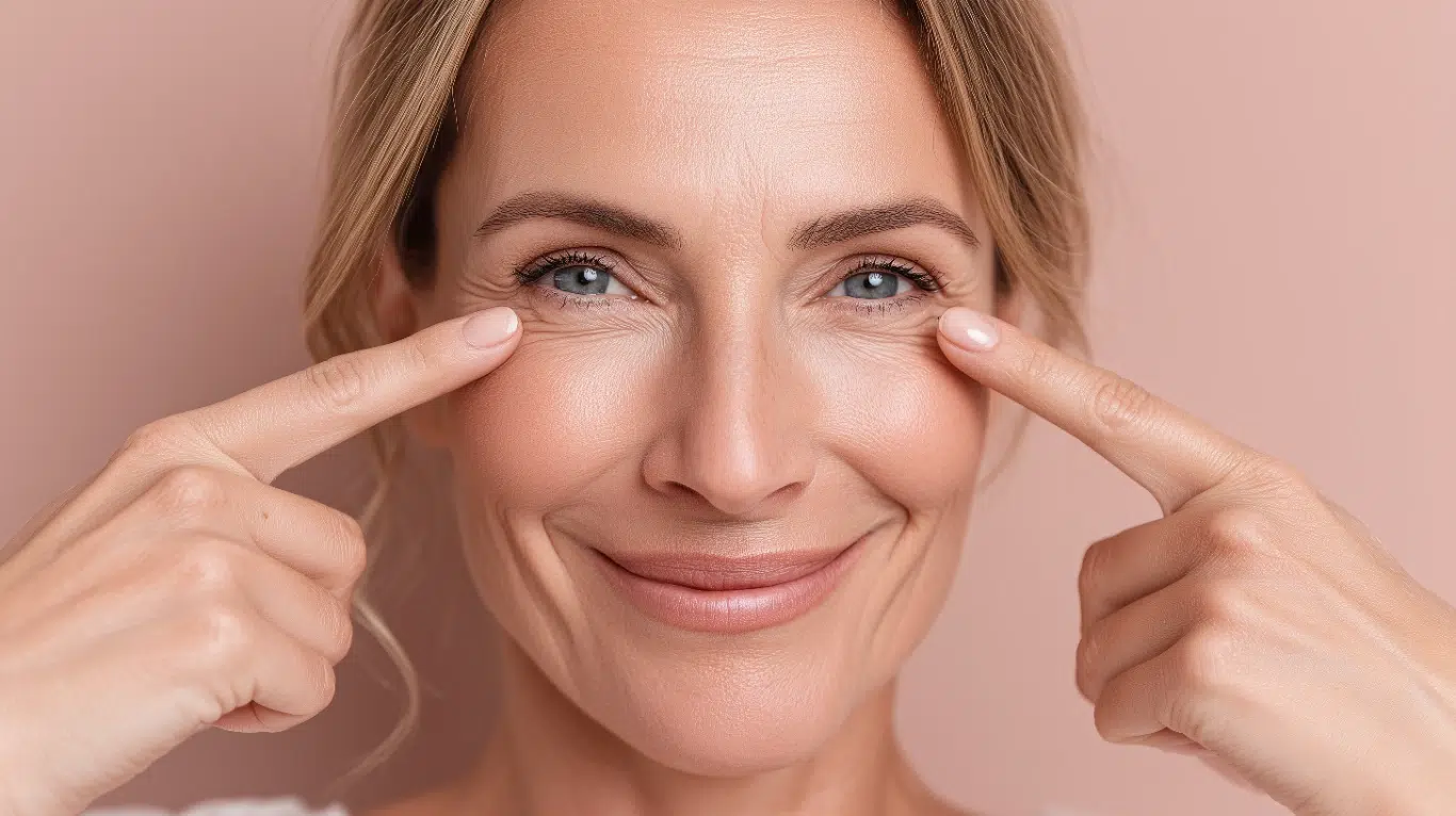woman clear eyes no tearing comfortable Woman pointing to the inner corners of her eyes, highlighting lower eyelid and tear duct evaluation for tear duct obstruction treatment