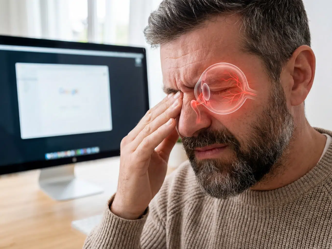 illustration of eyes strain and medical vision problem Man suffering from eye pain while working on computer